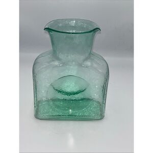 Vintage MCM Blenko Glass Antique Green Double Spout Water Bottle Pitcher